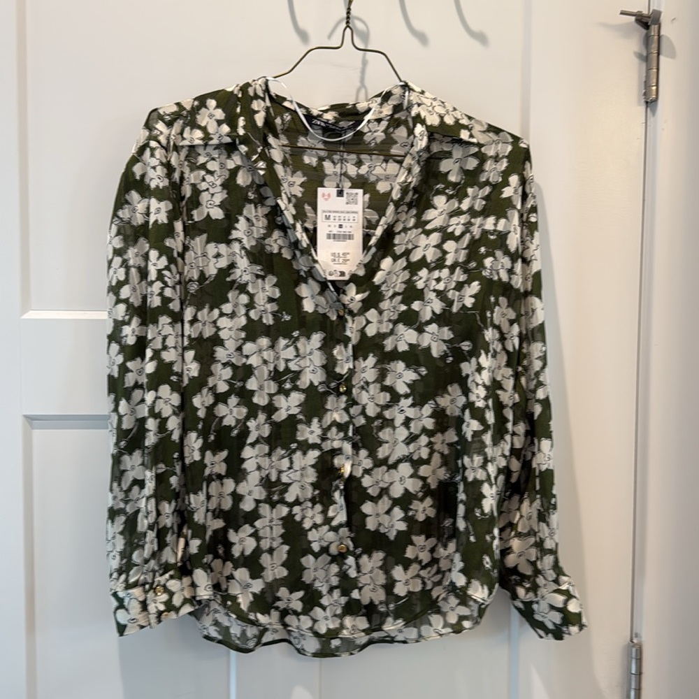 Zara Green and White Floral Semi Sheer Blouse Size M